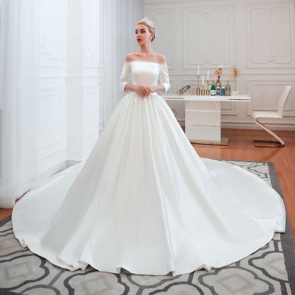 BMbridal Elegant 3/4 Sleeves Princess Satin Wedding Dress Online