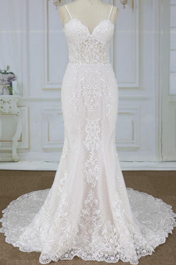 BMbridal Elegant Spaghetti Straps Sleeveless Mermaid Wedding Dresses Appliques Lace White Bridal Gowns On Sale-BMbridal