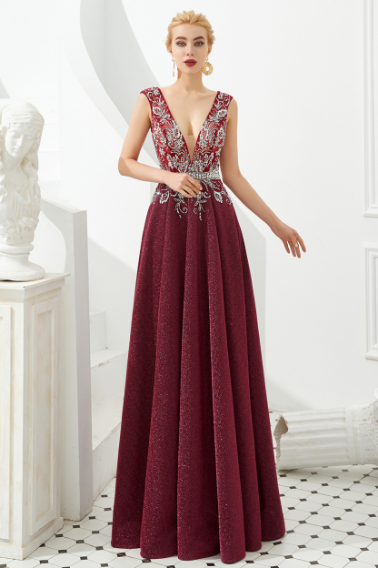 BMbridal Shinning Bugrundy Crystal  Prom Dress Long V-Neck Sleeveless Evening Gowns