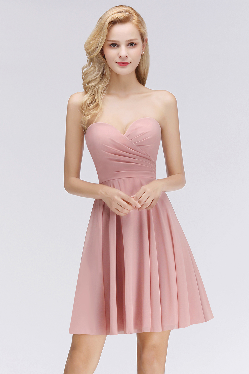 BMbridal Lovely Sweetheart ruffle Pink Chiffon Short Bridesmaid Dresses Affordable-BMbridal