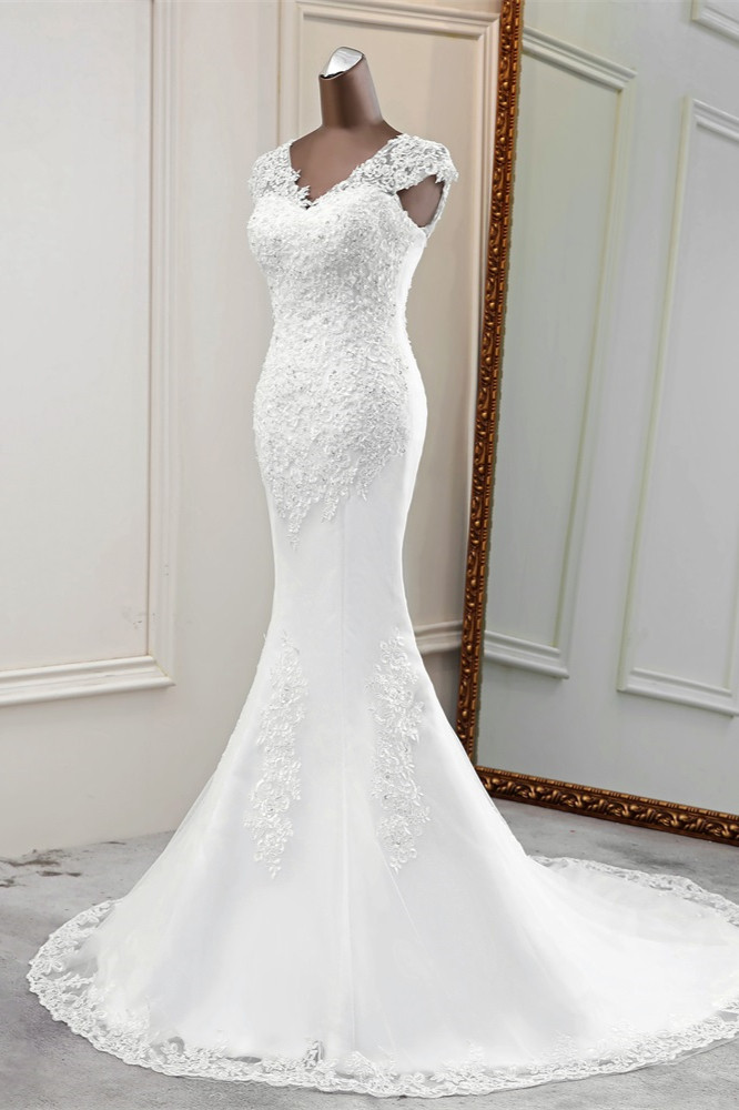 BMbridal Luxury V-Neck Sleeveless White Lace Mermaid Wedding Dresses with Appliques