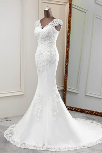 BMbridal Luxury V-Neck Sleeveless White Lace Mermaid Wedding Dresses with Appliques