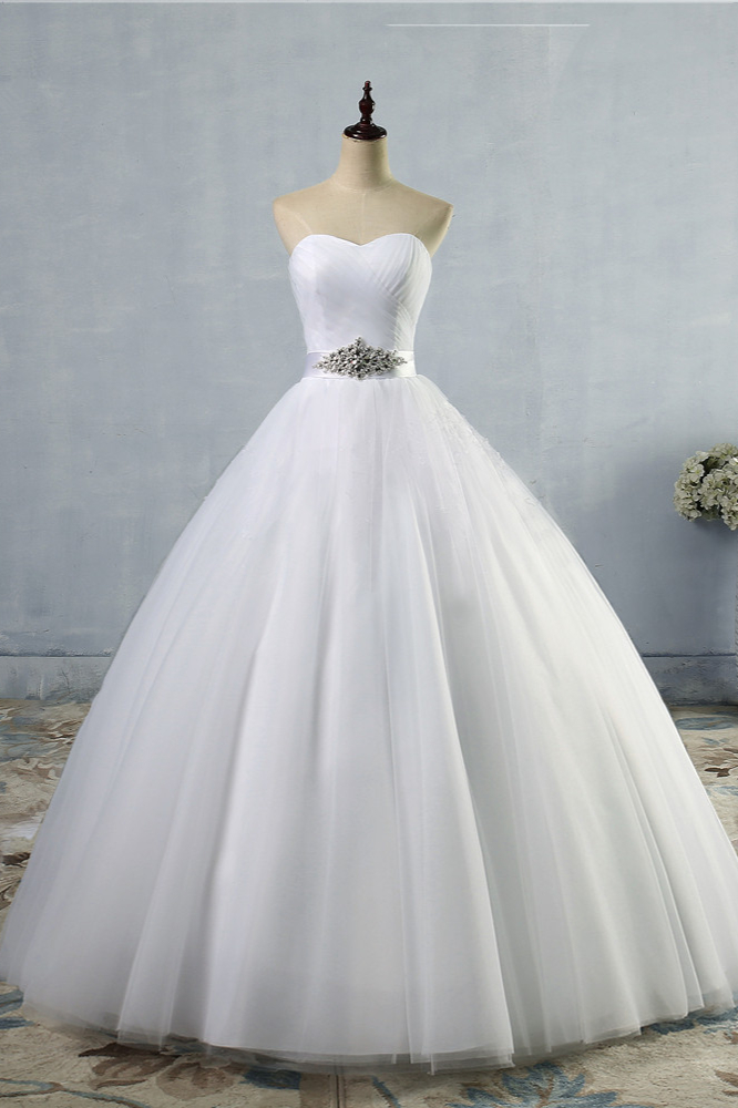 BMbridal Chic Strapless Sweetheart White Tulle Wedding Dress Sleeveless Beadings Bridal Gowns with Sash-BMbridal