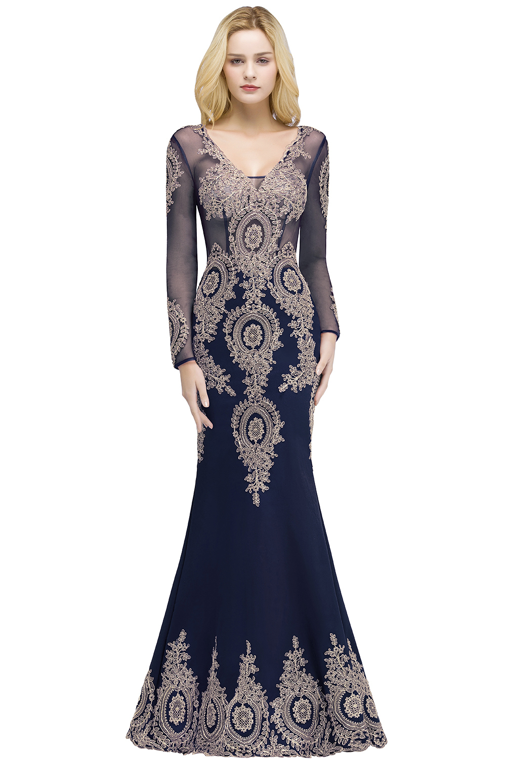 BMbridal Glamorous Long Sleeve Mermaid Prom Dress Long Evening Party Gowns With Lace Appliques