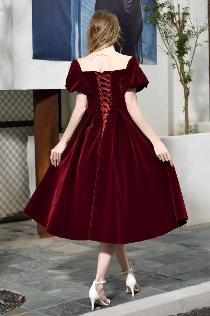 BMbridal Vintage Bugrundy Short Sleeve Prom Dress Tea-Length Party Gowns With Lace-up