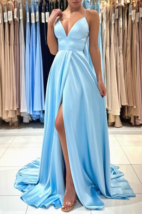 Bmbridal Sky Blue Spaghetti-Straps Prom Dress Split Long On Sale