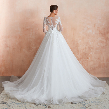 BMbridal Affordable Lace Jewel White Tulle Wedding Dresses with 3/4 Sleeves