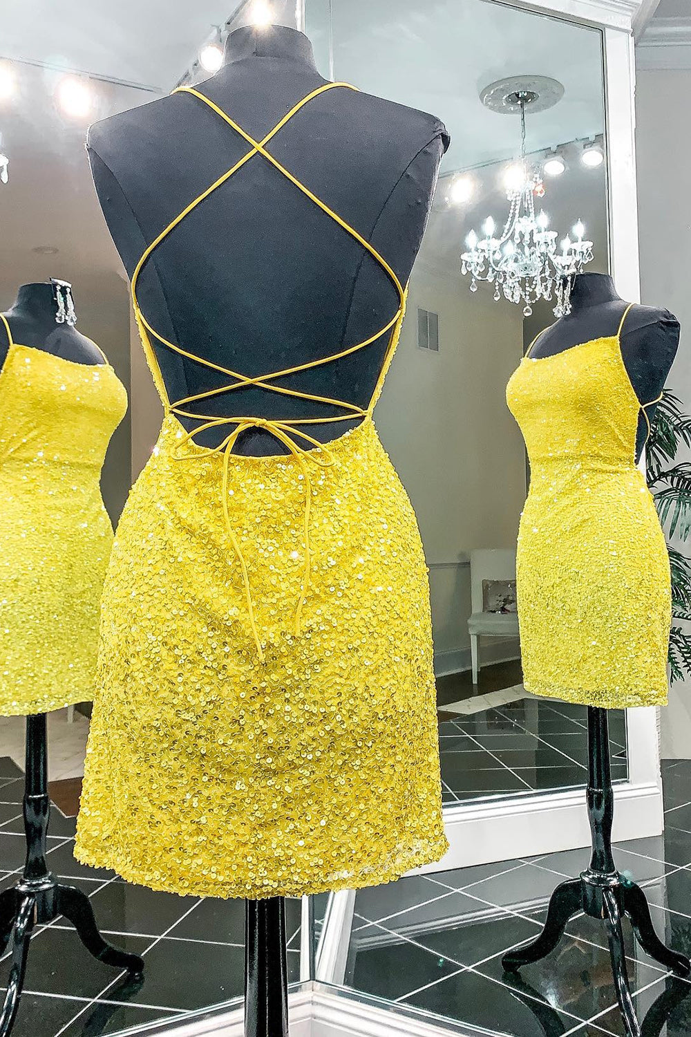 Yellow Sequins Backless Short Homecoming Dress-BMbridal