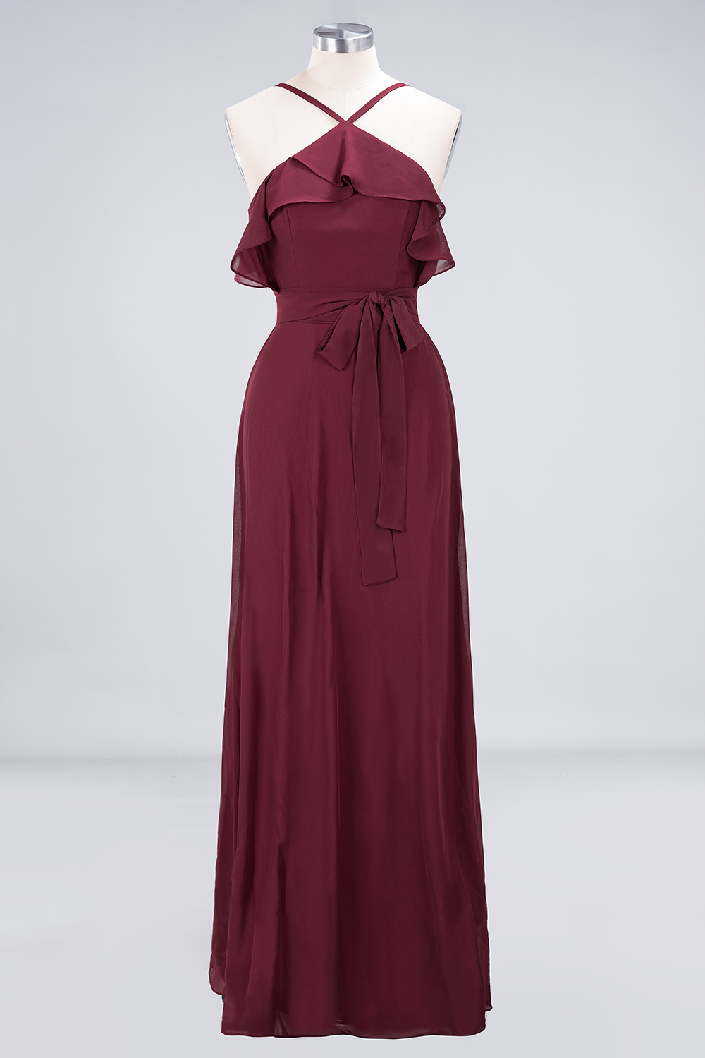 BMbridal Affordable Spaghetti Straps Burgundy Long Bridesmaid Dress With Bow Sash-BMbridal