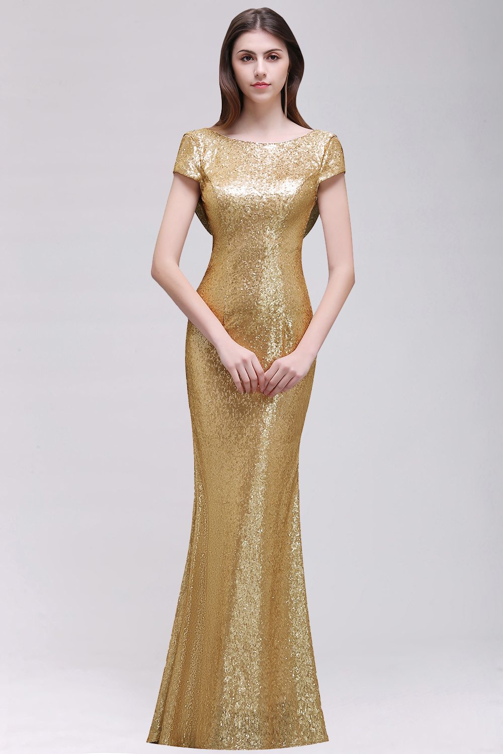 BMbridal Sparkly Sequined Jewel Sheath Prom Dress with Short Sleeves and Draped Back