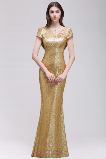 BMbridal Sparkly Sequined Jewel Sheath Prom Dress with Short Sleeves and Draped Back