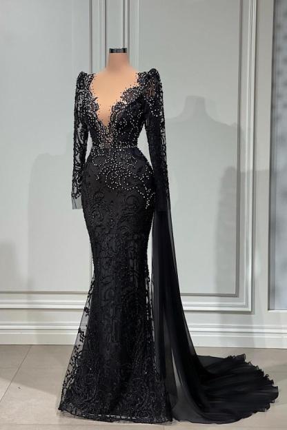 Bmbridal Black Lace Long Sleeves Prom Dress Mermaid With Beads