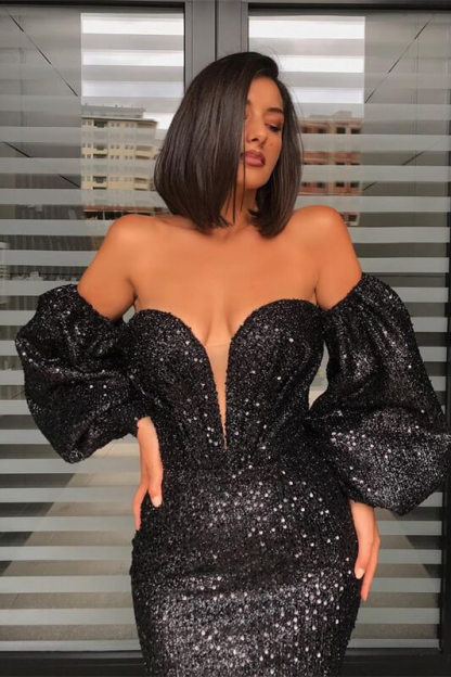 Bmbridal Black Sweetheart Mermaid Prom Dress With Sequins