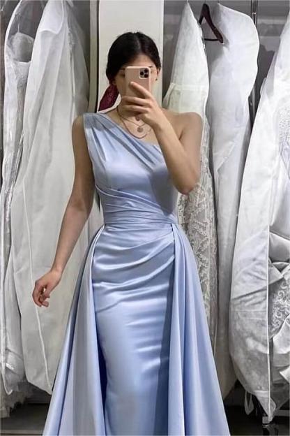 Light Blue Sleeveless Mermaid One Shoulder Long Prom Dress With Detachable Skirt