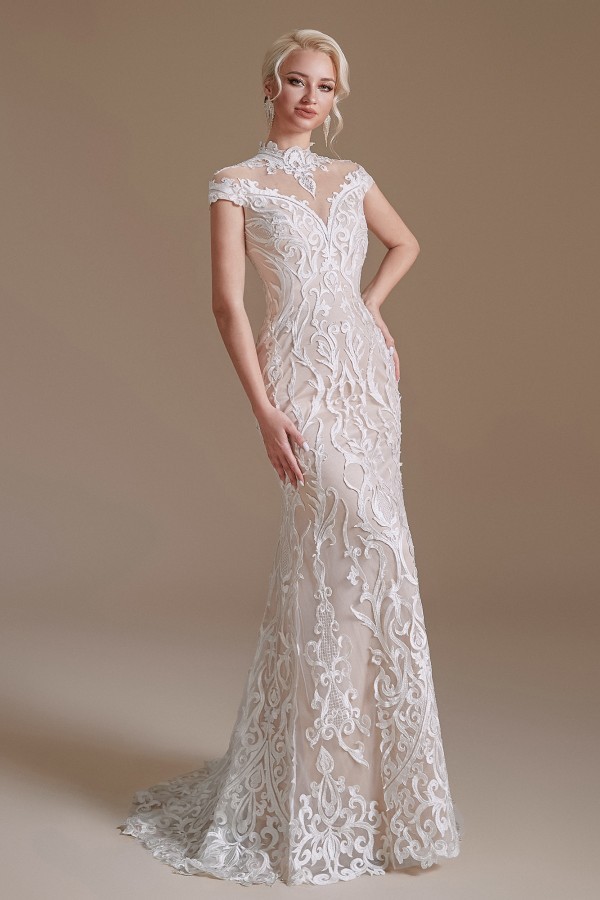 BMbridal Mermaid High Neck Wedding Dress Lace With Cap Sleeves-BMbridal