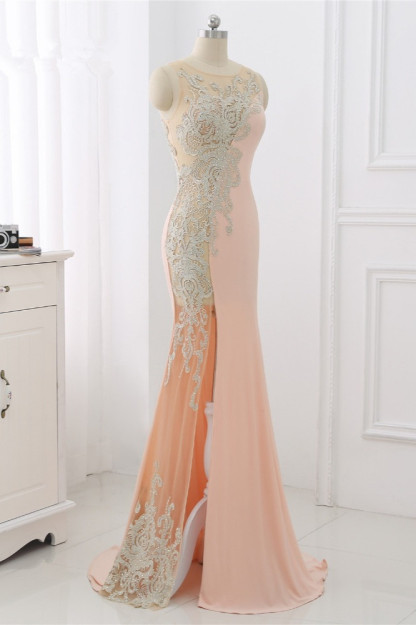 BMbridal Affordable Jewel Appliques Sleeveless Prom Dresses with Front Slit Online