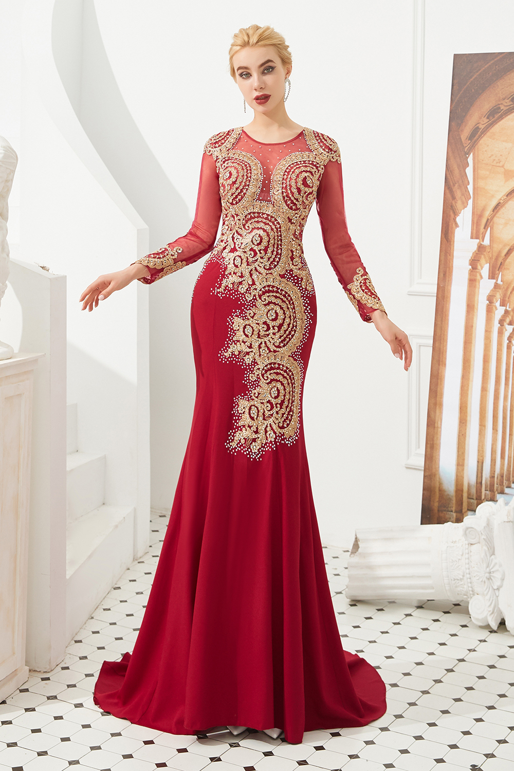 BMbridal Burgundy Long Sleeve Mermaid Prom Dress With Gold Appliques Online