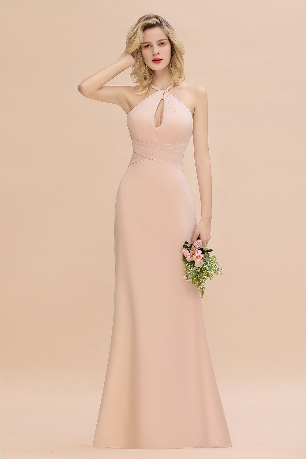 BMbridal Chic Mermaid Keyhole Pink Chiffon Long Bridesmaid Dress Affordable with Ruffle-BMbridal