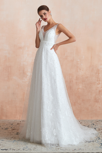 BMbridal Fantastic V-Neck Sleeveless White Appliques Wedding Dress With Pearls