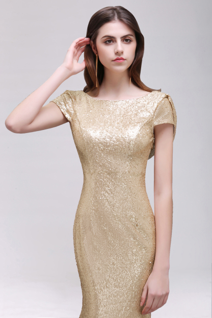 BMbridal Sparkly Sequined Jewel Sheath Prom Dress with Short Sleeves and Draped Back