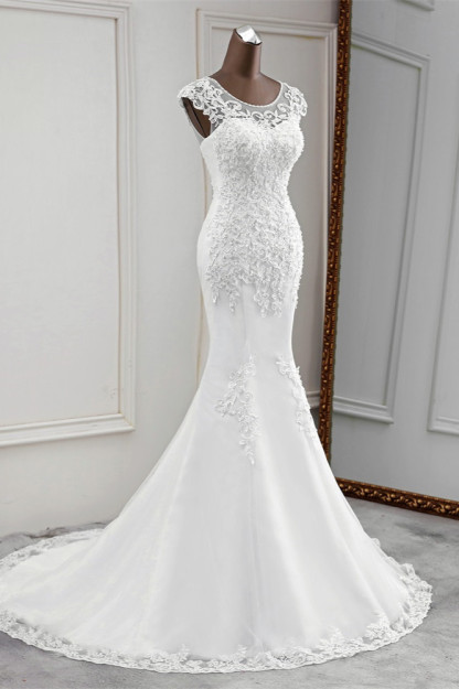 BMbridal Gorgeous Jewel Sleeveless White Lace Mermaid Wedding Dresses with Appliques