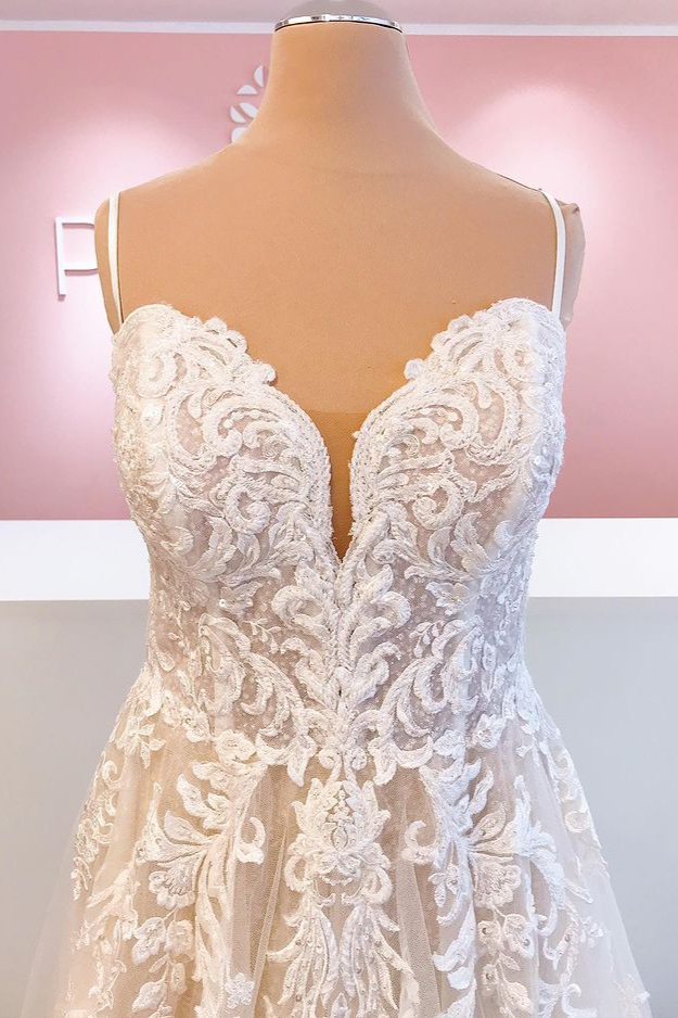 BMbridal Spaghetti-Straps Lace Appliques Wedding Dress Sleeveless-BMbridal