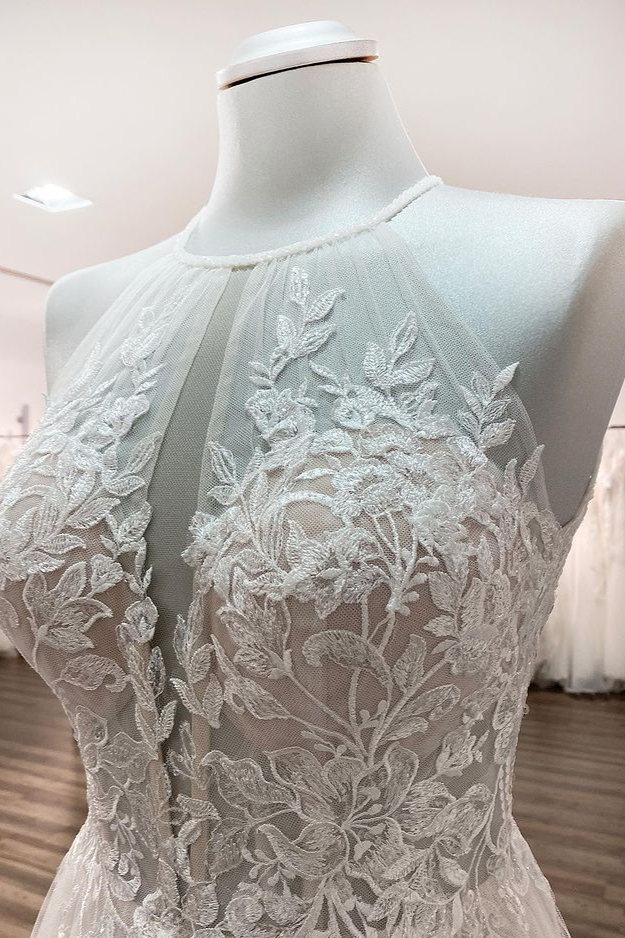 BMbridal Gorgeous Halter Sleeveless Tulle Ivory Wedding Dresses With Lace-BMbridal