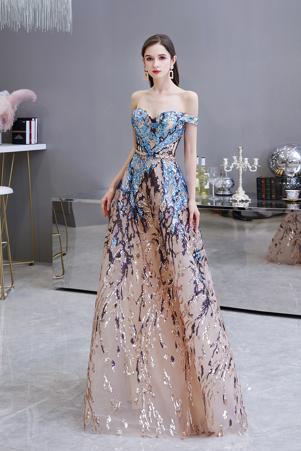 BMbridal Glamorous Off-the-Shoulder Sequins Evening Gowns Long Multi-Color Prom Dress