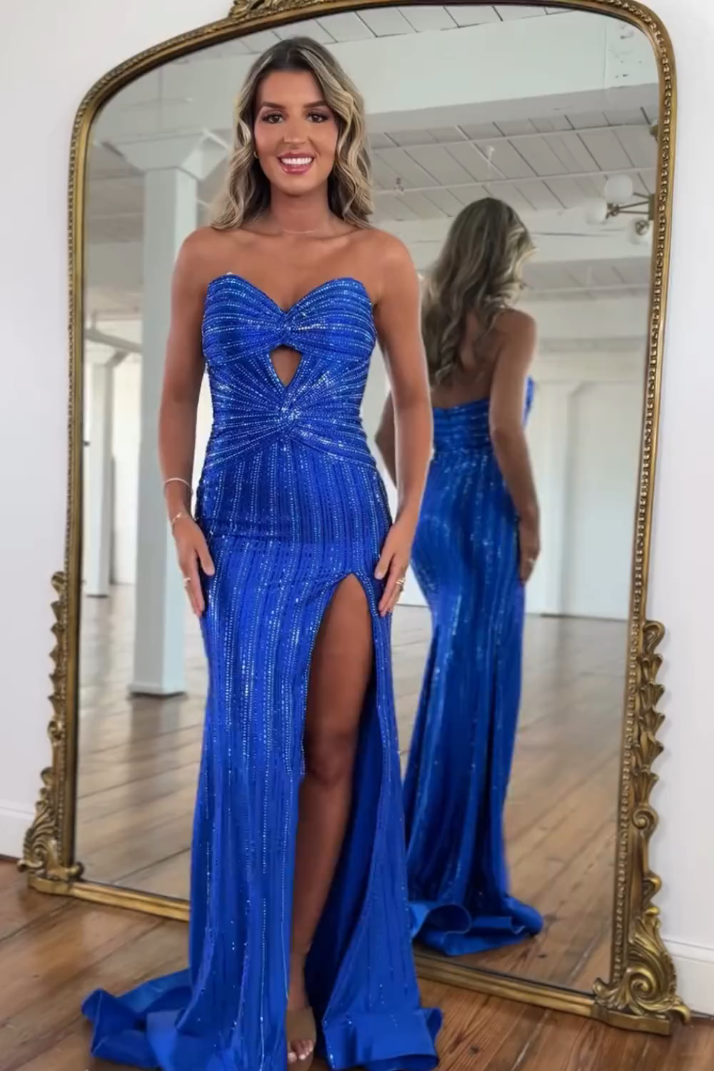 Sparkly Blue Sweetheart Mermaid Beaded Cut-Out Long Prom Dress with Slit