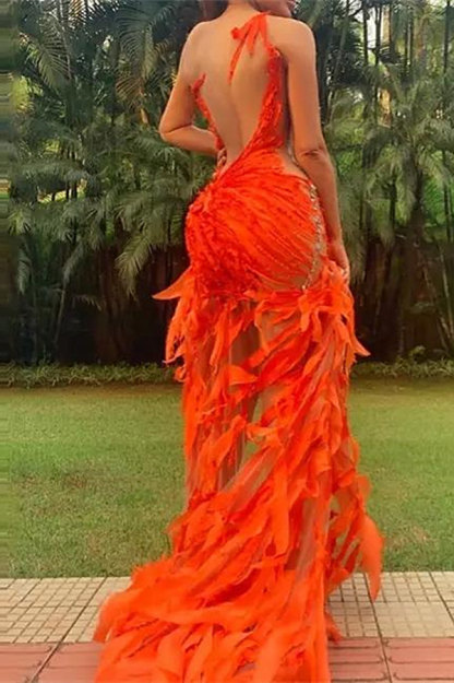 Bmbridal Orange Prom Dress Mermaid Tulle High-Lo Long