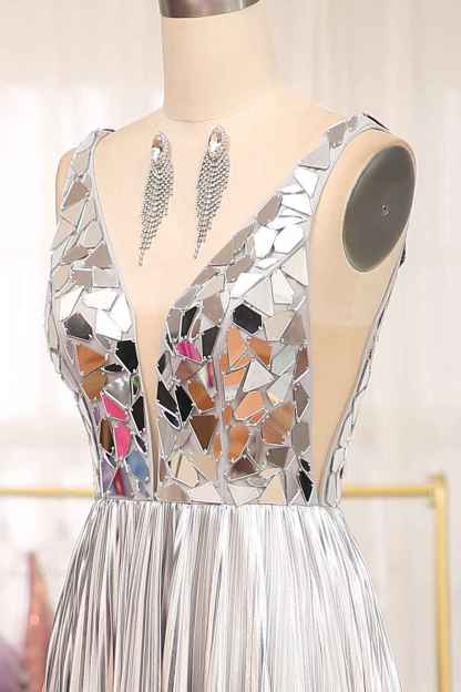 Sparkly A Line Deep V Neck Silver Long Prom Dress with Beading