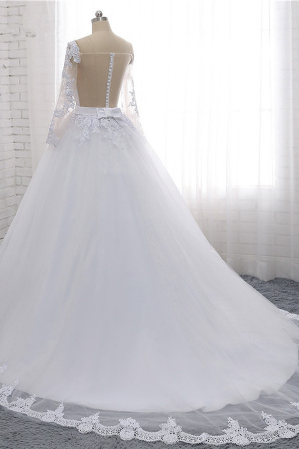 BMbridal Stylish Off-the-Shoulder Long Sleeves Wedding Dress Tulle Lace Appliques Bridal Gowns with Beadings On Sale-BMbridal