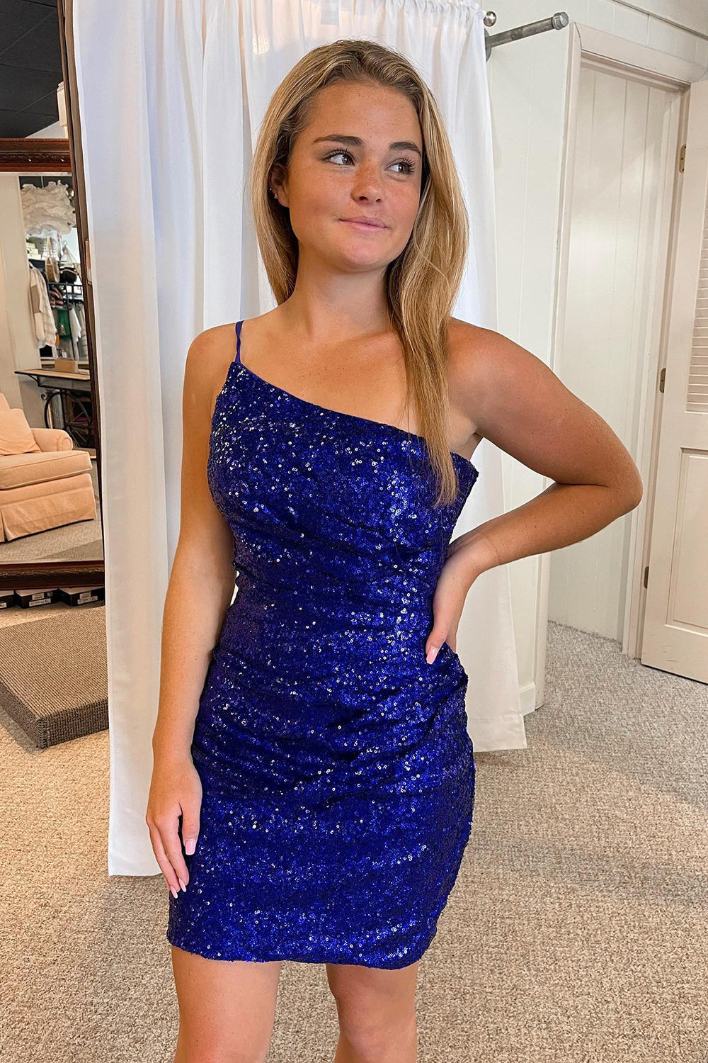 Royal Blue Glitter One Shoulder Tight Homecoming Dress-BMbridal