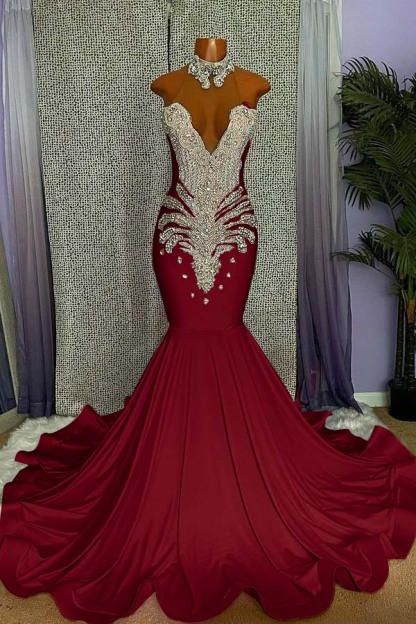 Mermaid Pink High Neck Sleeveless Prom Dress Beaded With Appliques