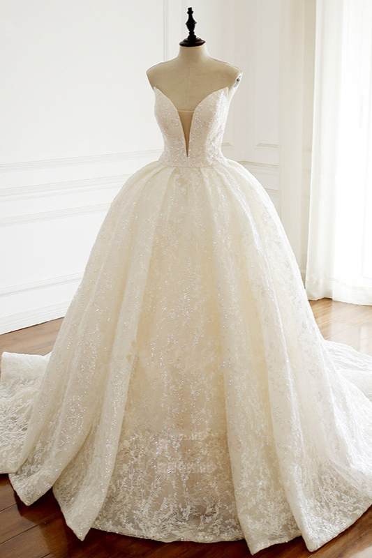 BMbridal Sexy Deep-V-Neck Strapless Tulle Wedding Dress Sleeveless Lace Appiques Bridal Gowns On Sale-BMbridal