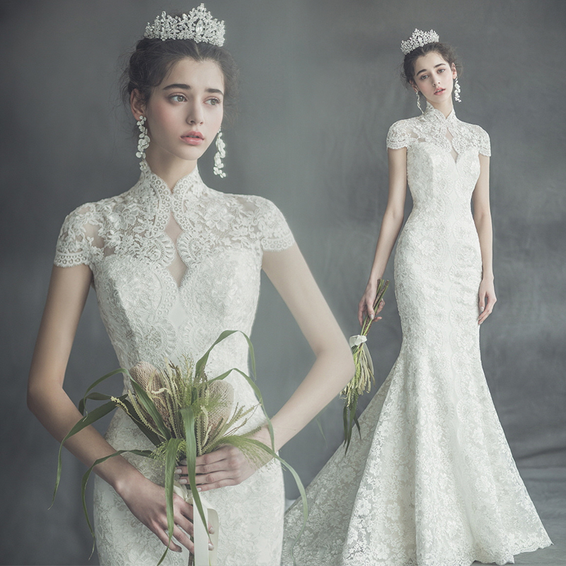 BMbridal Elegant Mermaid High-Neck Wedding Dress Luxury Lace Cap Sleeves Bridal Gowns On Sale-BMbridal