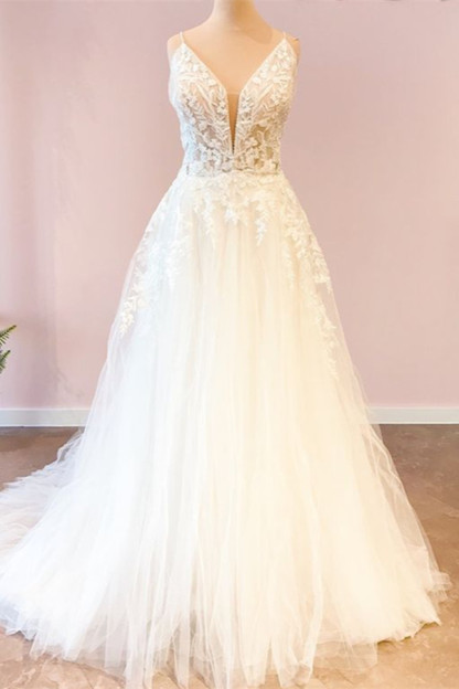 Stunning Floor-Length Sweetheart Spaghetti Straps Wedding Dress with A-Line Tulle