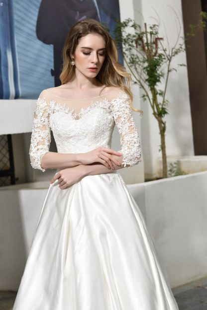 BMbridal Elegant A-Line Satin Lace 3/4 Sleeves Ankle Length Wedding Dress