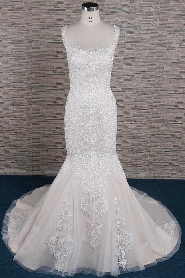 BMbridal Affordable Sleeveless Straps Champagne Wedding Dress Mermaid Lace Bridal Gowns With Appliques On Sale-BMbridal