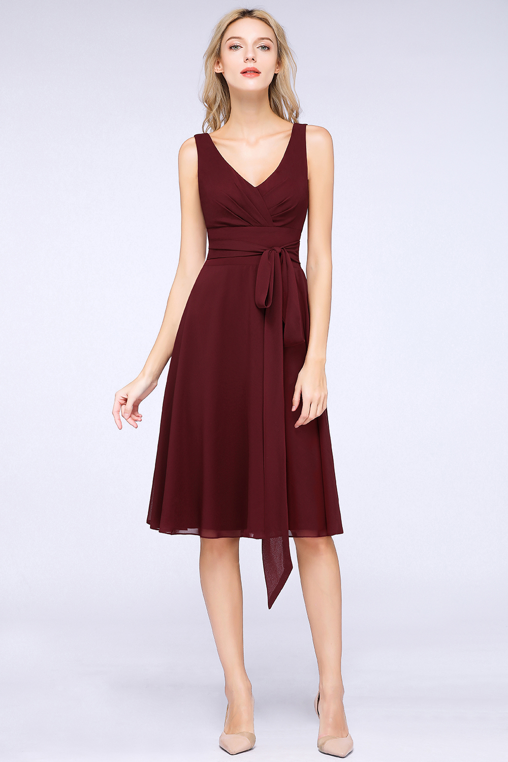 BMbridal Elegant Straps V-Neck  Ruffle Short Burgundy Bridesmaid Dress with Bow Sash-BMbridal