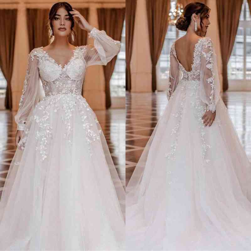 Bmbridal Long Sleeve Wedding Dress V-Neck With Lace Appliques-BMbridal