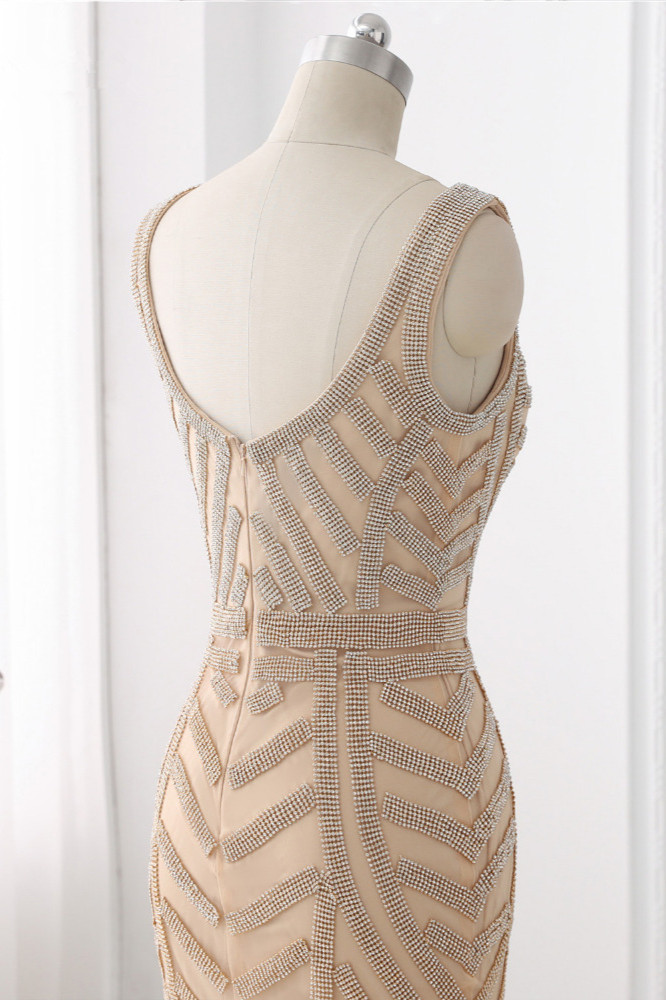 BMbridal Elegant Gold Tulle V-Neck Sleeveless Prom Dresses with Beadings On Sale