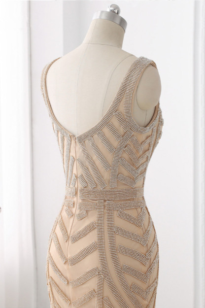 BMbridal Elegant Gold Tulle V-Neck Sleeveless Prom Dresses with Beadings On Sale
