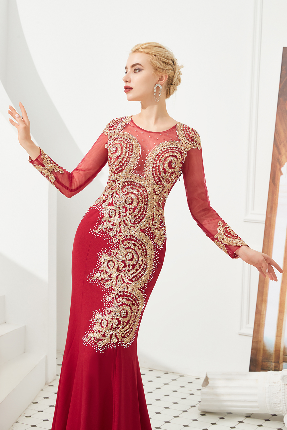 BMbridal Burgundy Long Sleeve Mermaid Prom Dress With Gold Appliques Online