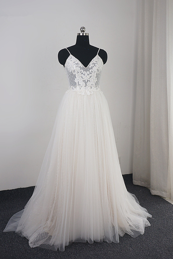 BMbridal Affordable Spaghetti Straps Tulle Ruffle Wedding Dress V-Neck Lace Appliques Bridal Gowns On Sale-BMbridal