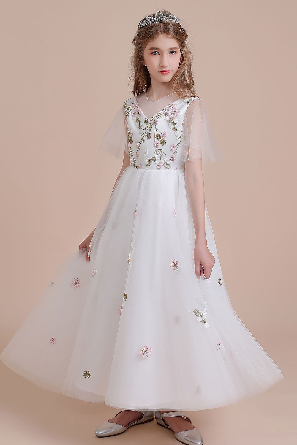 BMbridal A-Line Short Sleeve Embroidered Tulle Flower Girl Dress On Sale-BMbridal