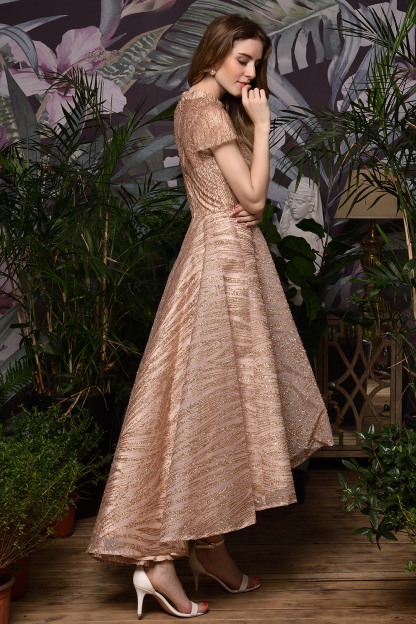 BMbridal Glamorous Rose Gold Sequins Prom Dress Short Sleeve Evening Gowns Online