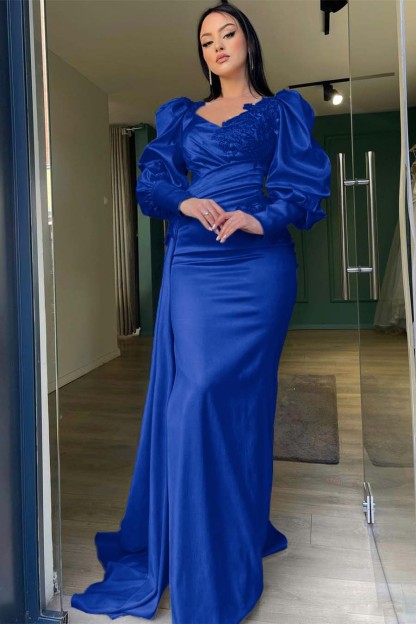 Long Puff Sleeves Pleated Mermaid Split Prom Dress With Appliques Ruffles