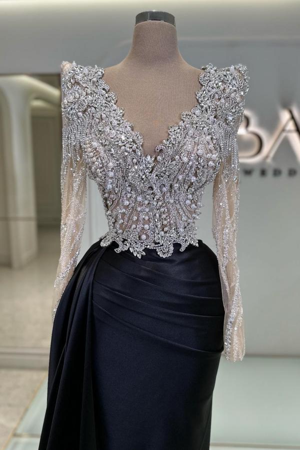 Luxurious Black Mermaid V-Neck Long Sleeves Sequined Satin Prom Dresses with Beads