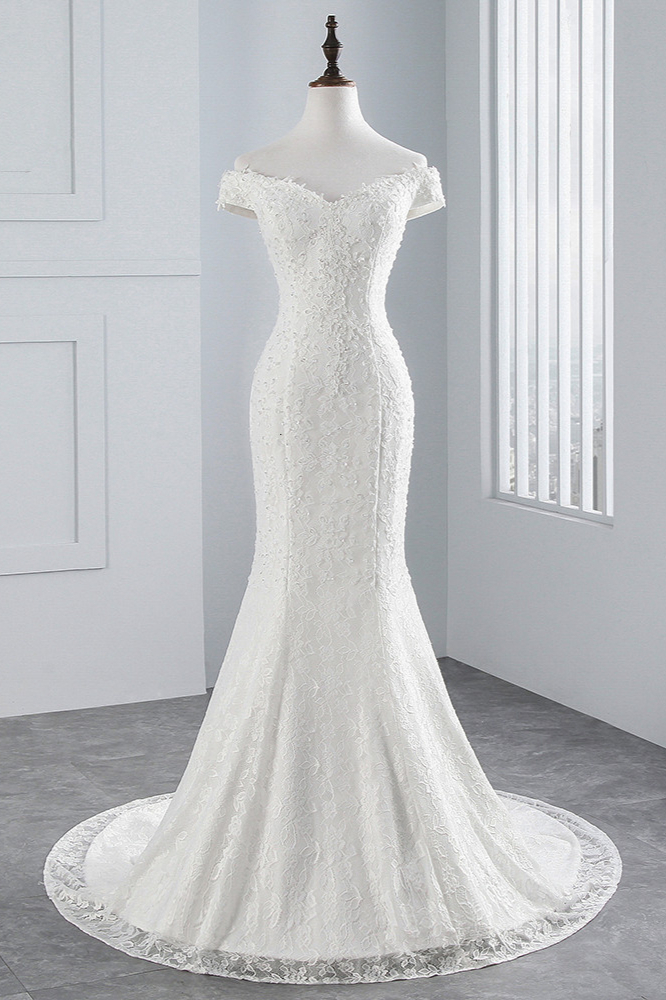BMbridal Elegant Lace Off-the-Shoulder White Mermaid Wedding Dresses Affordable Online